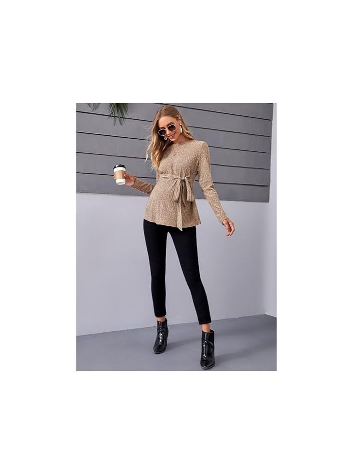 Women's Maternity Shirts Casual Long Sleeve Tie Front Ribbed Knit Pregnancy Tee Top - Image 2