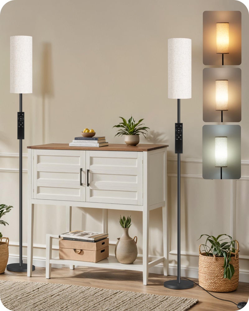 GOEBLESON Set of 2 Dimmable Floor Lamps for Living Room with 2 Remotes and Foot Switch, 64.4â€Modern Standing Tall Lamp, Corner Lamp for Bedroom, Bulb Included, 3000K-6500K, Beige Shade E06LDP205W1 - Image 1