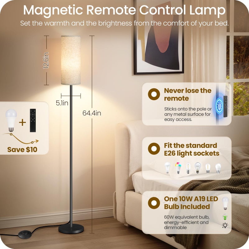 GOEBLESON Set of 2 Dimmable Floor Lamps for Living Room with 2 Remotes and Foot Switch, 64.4â€Modern Standing Tall Lamp, Corner Lamp for Bedroom, Bulb Included, 3000K-6500K, Beige Shade E06LDP205W1 - Image 3