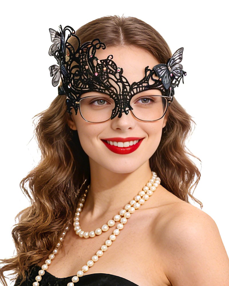 Zinniday Butterfly Masquerade Mask for Glasses, 2026 Black Green Mysterious Eyemask for Women Lady Couples Halloween Renaissance, 1920s 50s Antique Venetian Lace Mask for 1920s 50s Party Renfaire Prom - Image 1