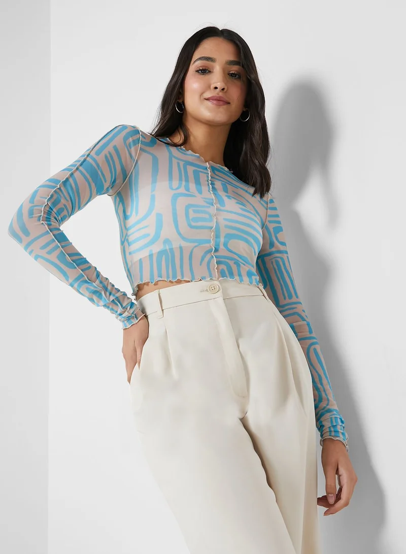 MONKI Round Neck Printed Crop Top