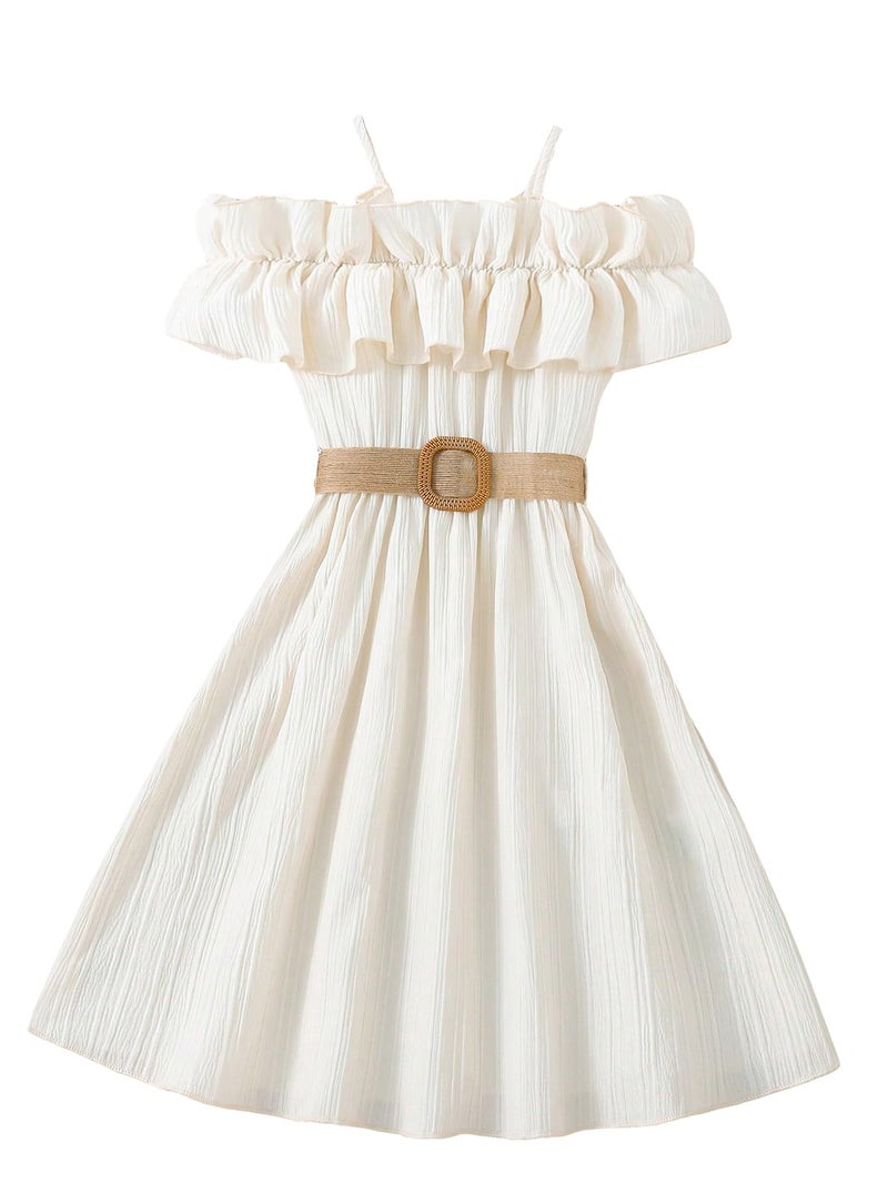 Floerns Girls Cold Shoulder Ruffle Trim Short Sleeve Belted A Line Midi Dress Apricot 11-12Y - Image 1