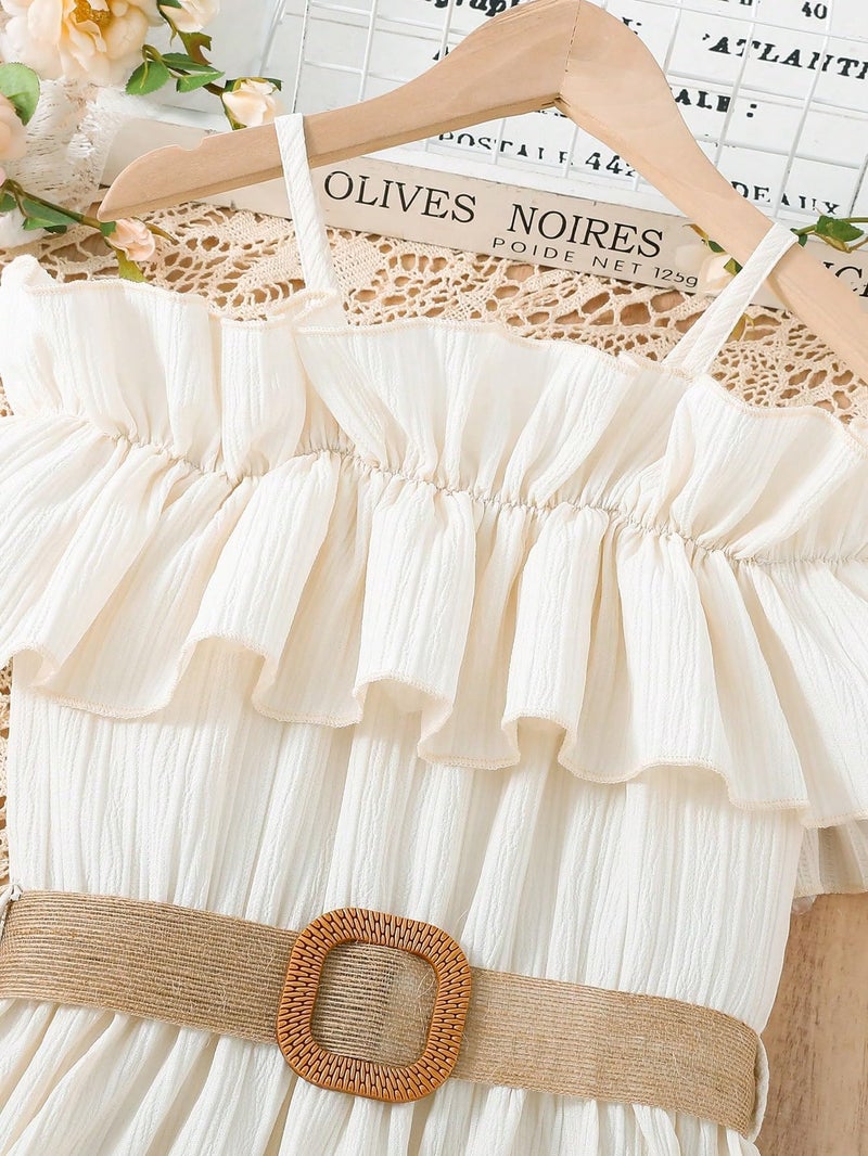 Floerns Girls Cold Shoulder Ruffle Trim Short Sleeve Belted A Line Midi Dress Apricot 11-12Y - Image 3