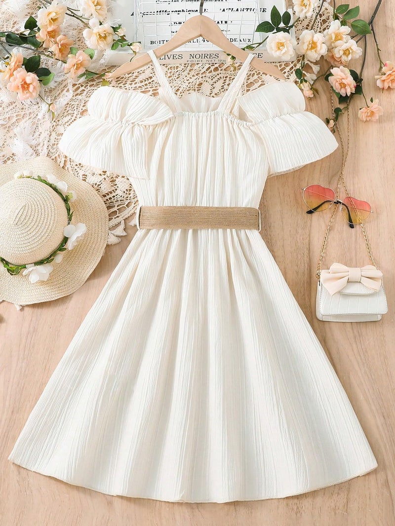 Floerns Girls Cold Shoulder Ruffle Trim Short Sleeve Belted A Line Midi Dress Apricot 11-12Y - Image 2