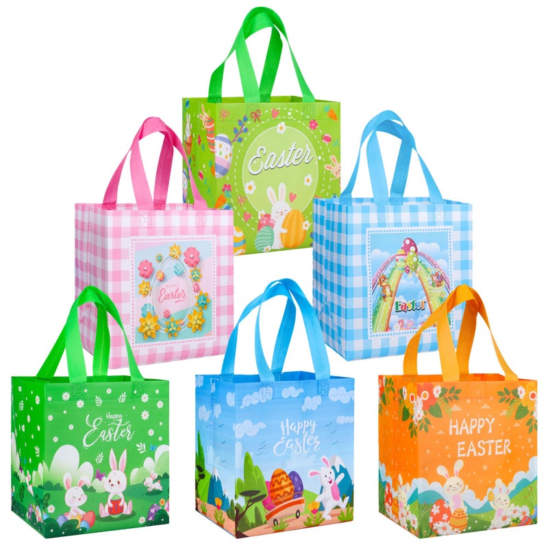 QOIUSO 6 Pack Easter Gift Bags with Handle â€“ Reusable Non Woven Easter's Day Tote Treat Bags for Kids â€“ Large Bunny Rabbit Happy Easter Bags for Egg Hunt, Treats, Gifts and Classroom Party Favors - Image 1