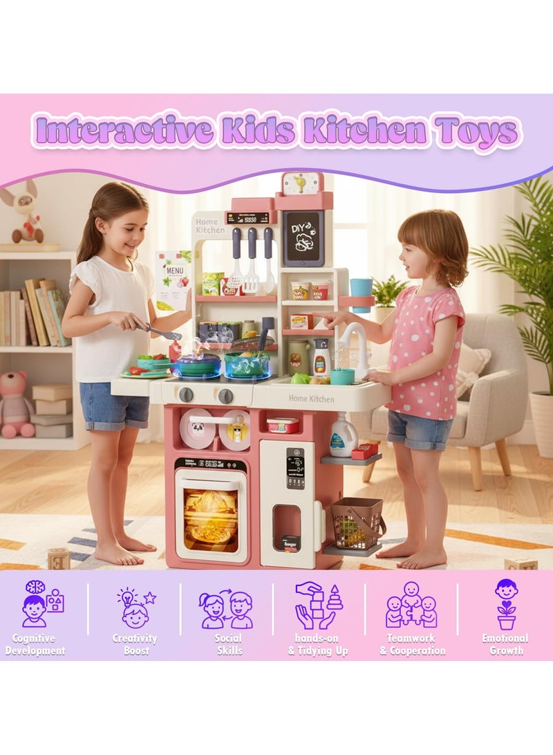 ELFSA Kids Toy Kitchen Playset, 63 Pcs Play Kitchen Set for Kids with Real Interactive Lights & Sounds, Water Sink & Accessories, Pretend Cooking Set Toy, Ideal Birthday Gift for Girls Age 3+ - Image 2
