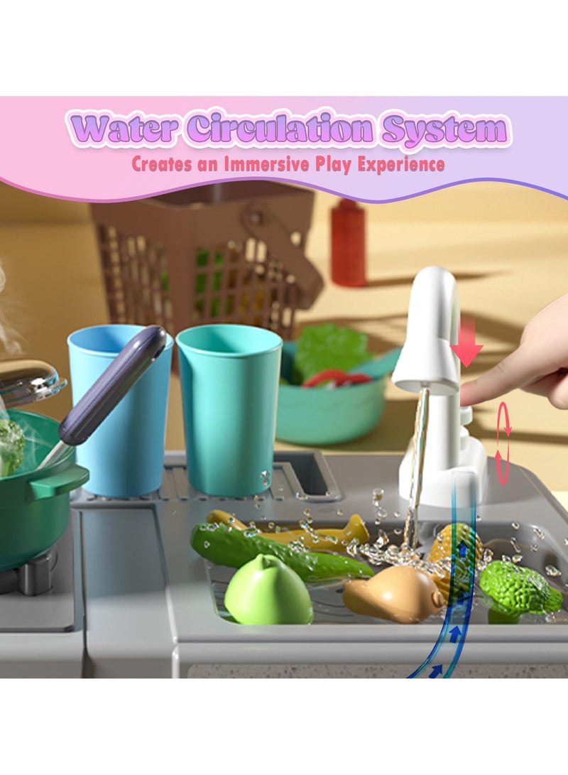 ELFSA Kids Toy Kitchen Playset, 63 Pcs Play Kitchen Set for Kids with Real Interactive Lights & Sounds, Water Sink & Accessories, Pretend Cooking Set Toy, Ideal Birthday Gift for Girls Age 3+ - Image 4