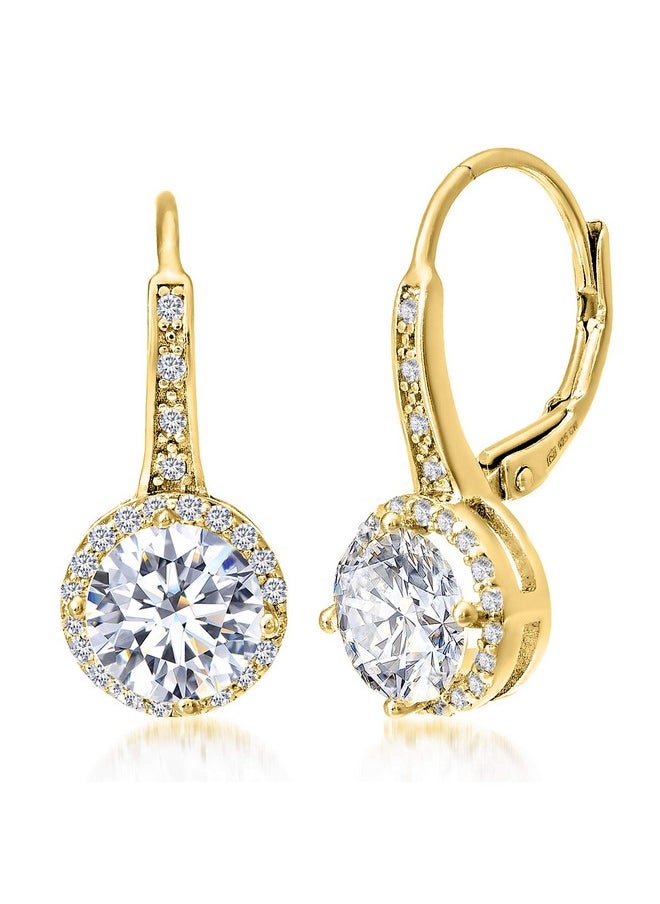 MIA SARINE Yellow Gold Plated 925 Sterling Silver Cubic Zirconia Halo Leverback Dangle Bridal Earrings For Women Yellow  - Image 1