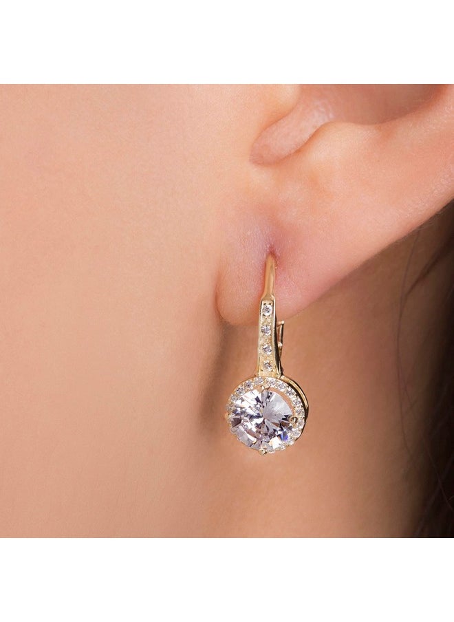 MIA SARINE Yellow Gold Plated 925 Sterling Silver Cubic Zirconia Halo Leverback Dangle Bridal Earrings For Women Yellow  - Image 2
