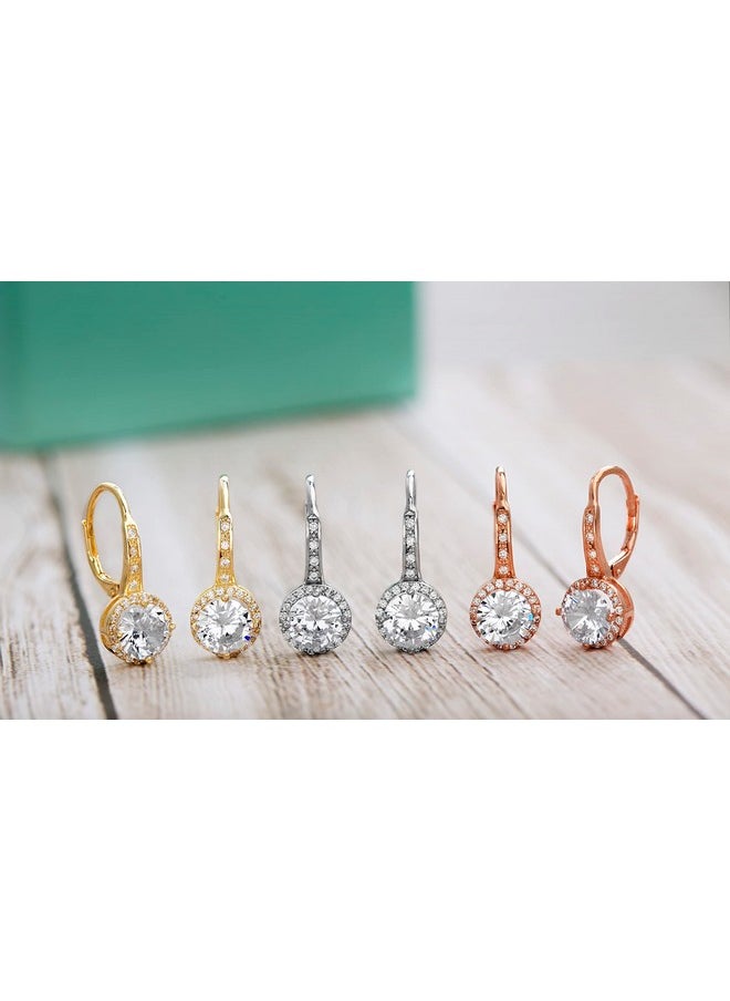 MIA SARINE Yellow Gold Plated 925 Sterling Silver Cubic Zirconia Halo Leverback Dangle Bridal Earrings For Women Yellow  - Image 3