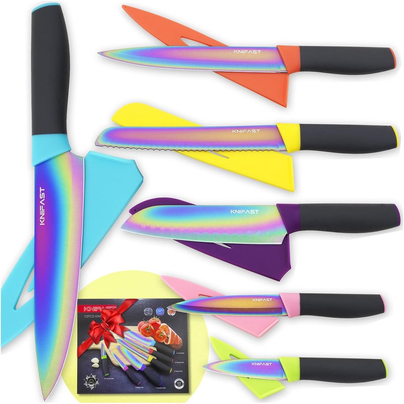 KNIFAST Kitchen Knife set Rainbow Titanium Coated  12 Pcs Knife Set with Blade Guards Dishwasher Safe Razor Sharp German Stainless Steel Blade and Comfortable Handle