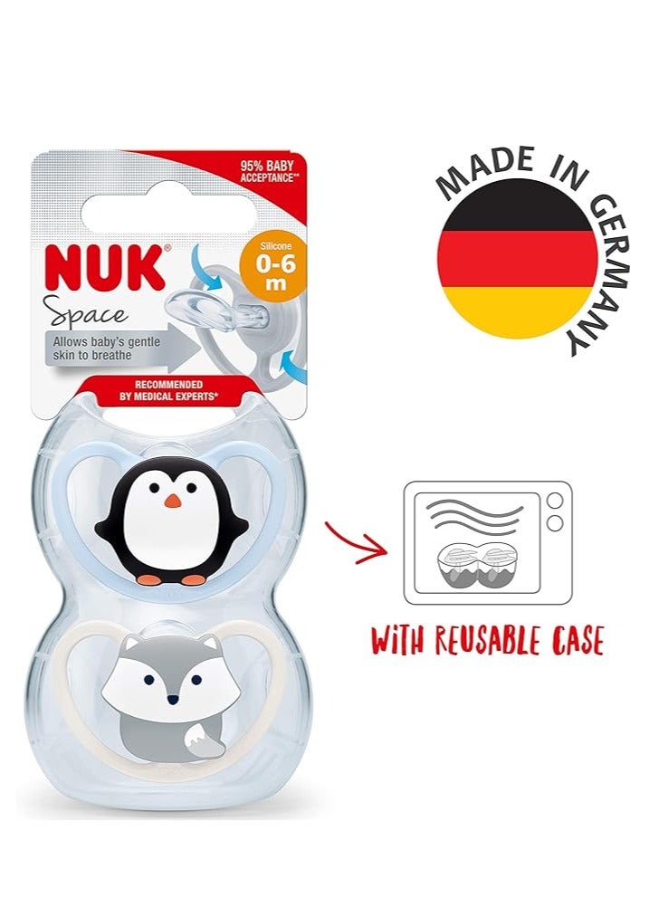 NUK Space Orthodontic Silicone 0-6M Soother Penguin And Fox Pack Of 2 - Image 1