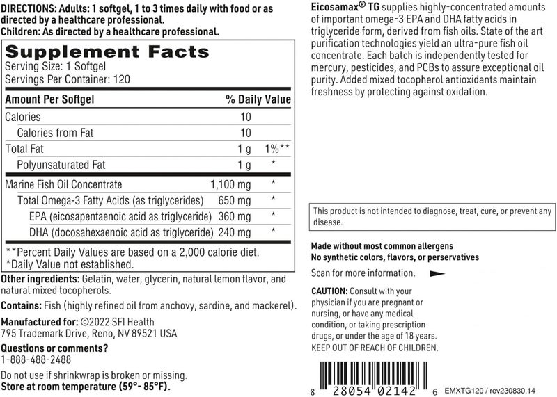 Klaire Labs Eicosamax TG Fish Oil Pills with EPADHA  Omega3 Fatty Acids to Support Brain  Heart Function  Natural Lemon Flavor to Help Reduce Fishy Burps or Aftertaste 120 Softgels - Image 4