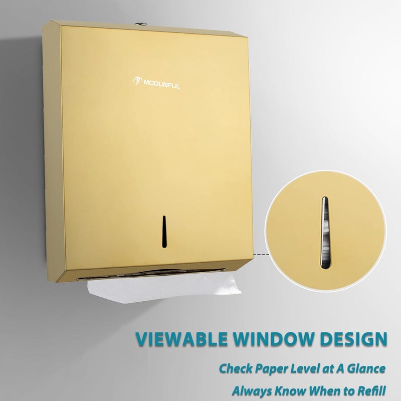 modunful Commercial Paper Towel Dispenser Gold - Multifold Paper Towel Dispenser Wall Mount, High Capacity Stainless Steel Tissue Holder, Suitable for Bathrooms and Public Places - Image 2