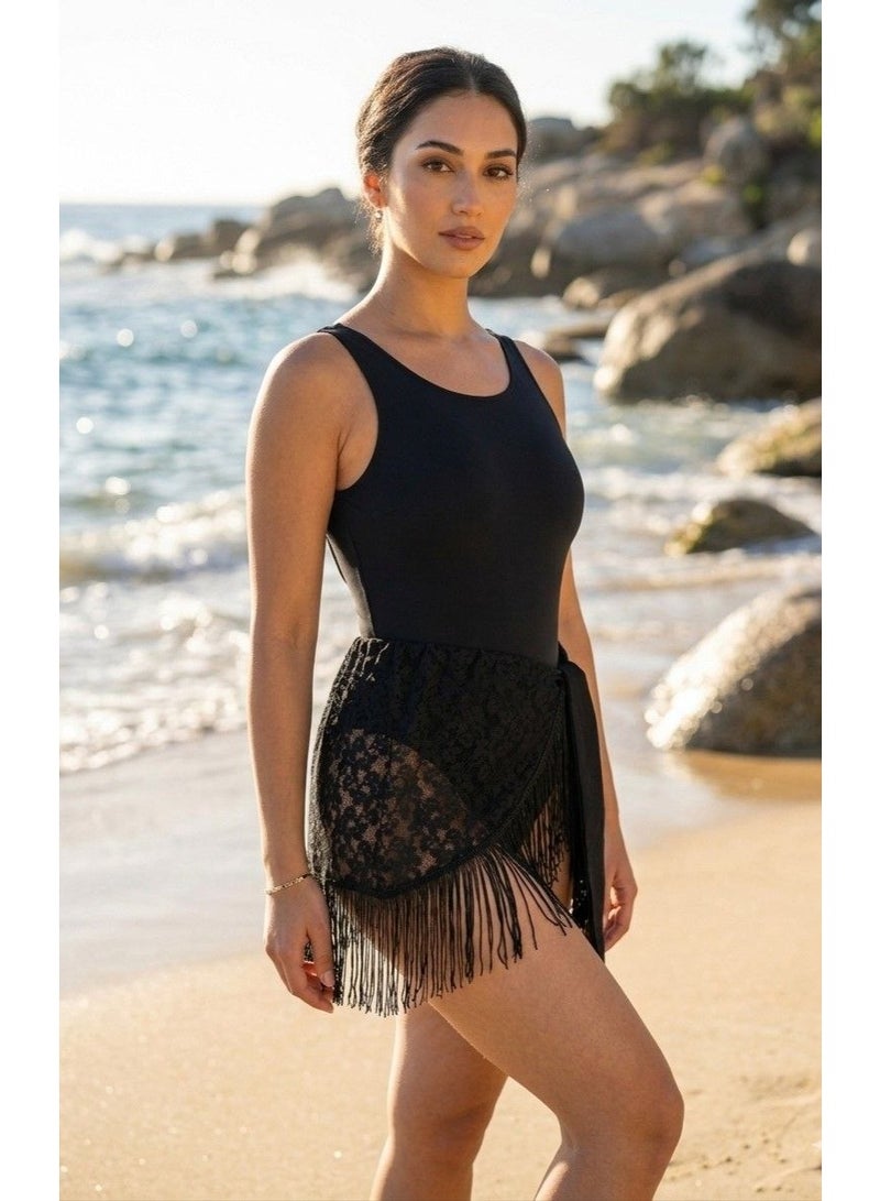 كاش مايوة من الشيفون/دانتيل One Size لجميع المقاسات من XS الى 2XL متعدد الالوان والاشكال (اسود دانتيل قصير)