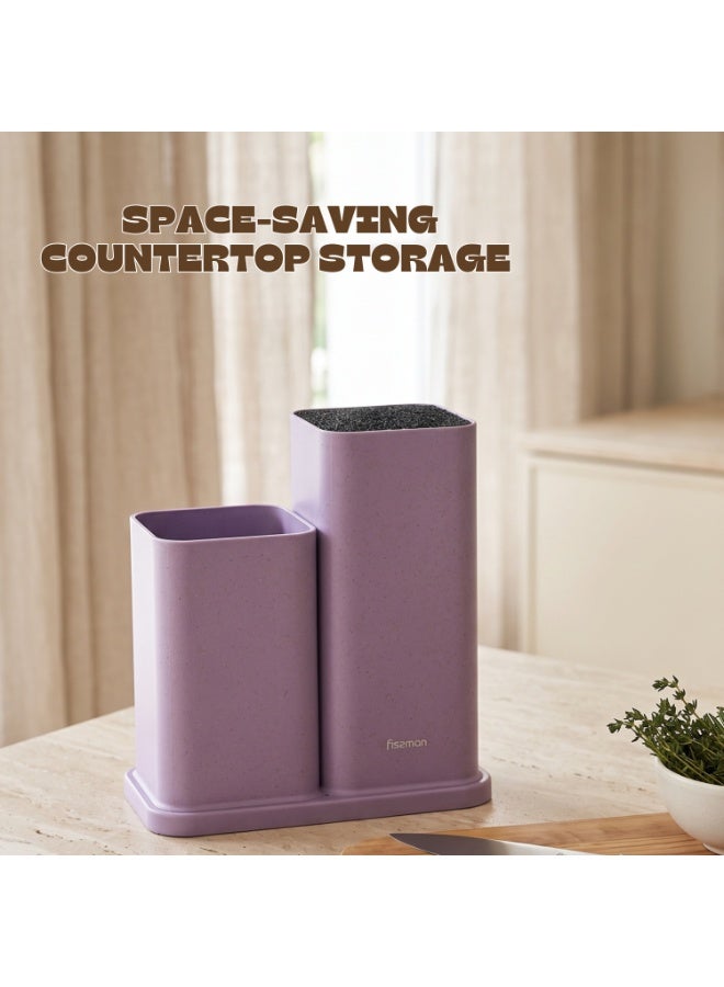 Fissman Kitchen Knife Holder and Utensil Organizer, 2-Compartment Large Capacity Multifunctional Storage Rack for Knives, Scissors, Spatulas, Turners and Sharp Tools, Purple - Image 3