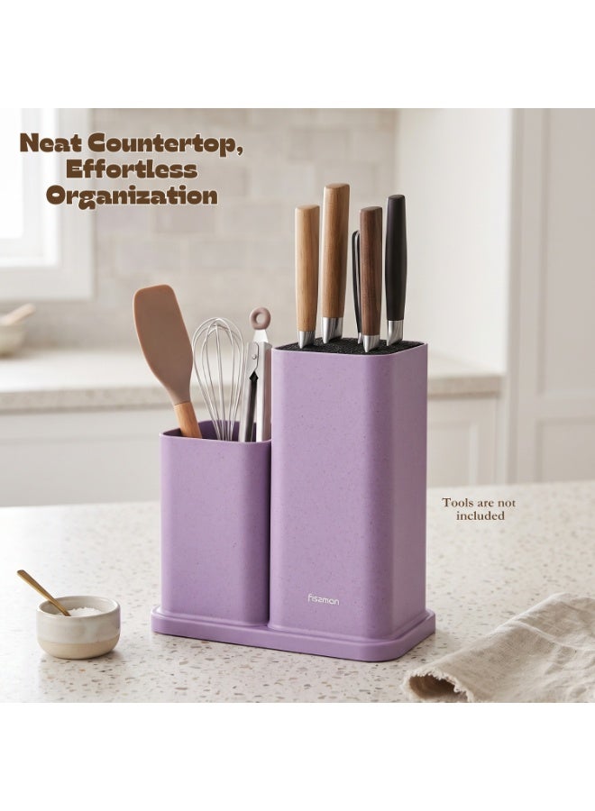 Fissman Kitchen Knife Holder and Utensil Organizer, 2-Compartment Large Capacity Multifunctional Storage Rack for Knives, Scissors, Spatulas, Turners and Sharp Tools, Purple - Image 4