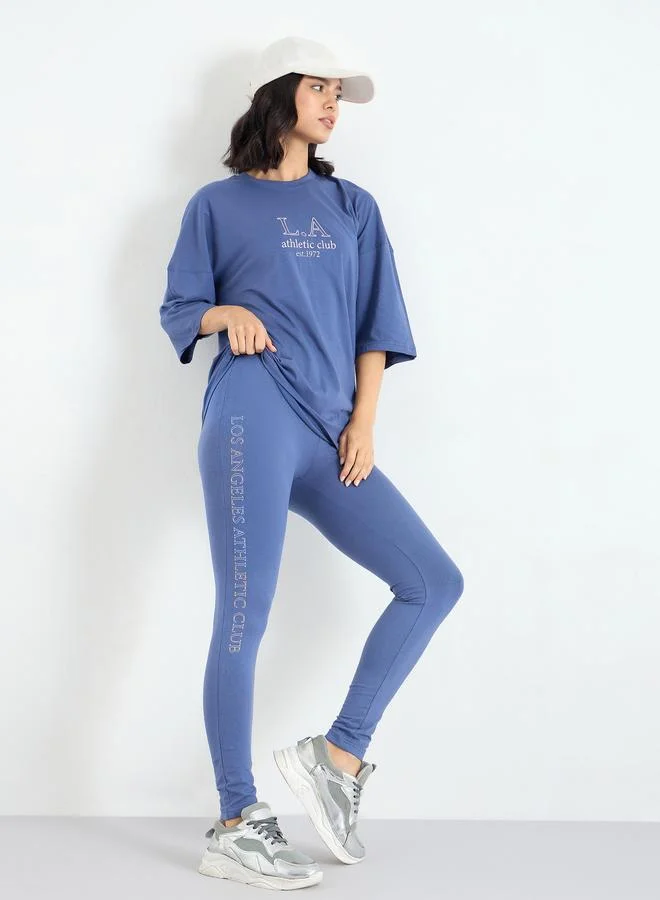 Styli Styli Women Blue Printed Oversized T-Shirt and Leggings Set
