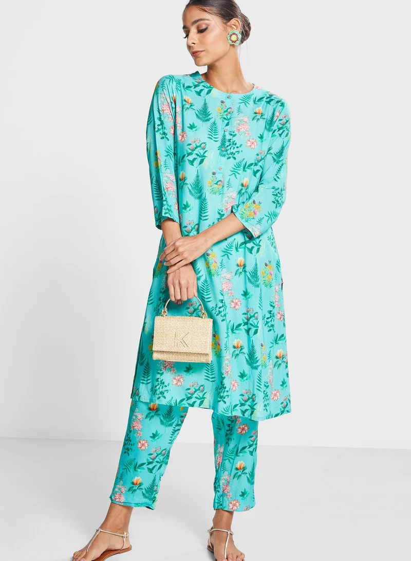Biba Floral Print Kurti & Pants Set