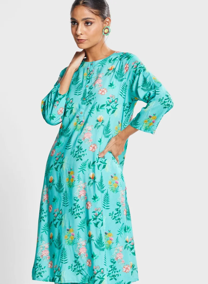 Biba Floral Print Kurti & Pants Set