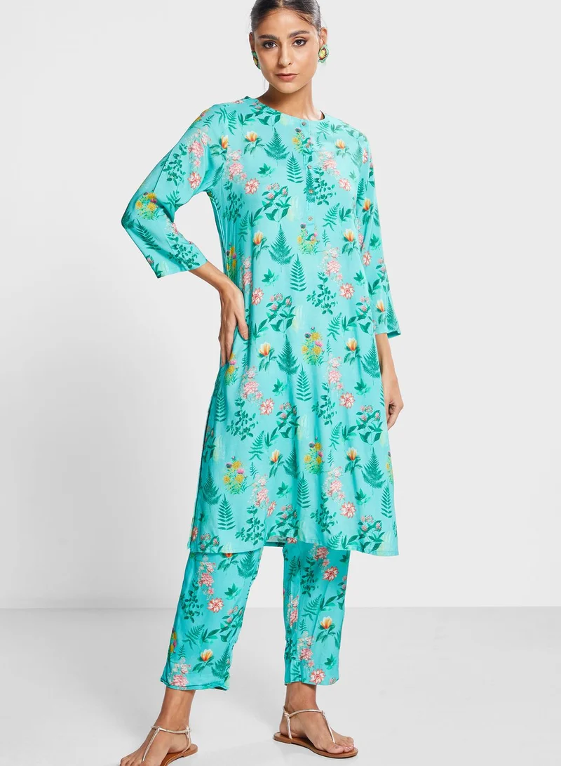 Biba Floral Print Kurti & Pants Set
