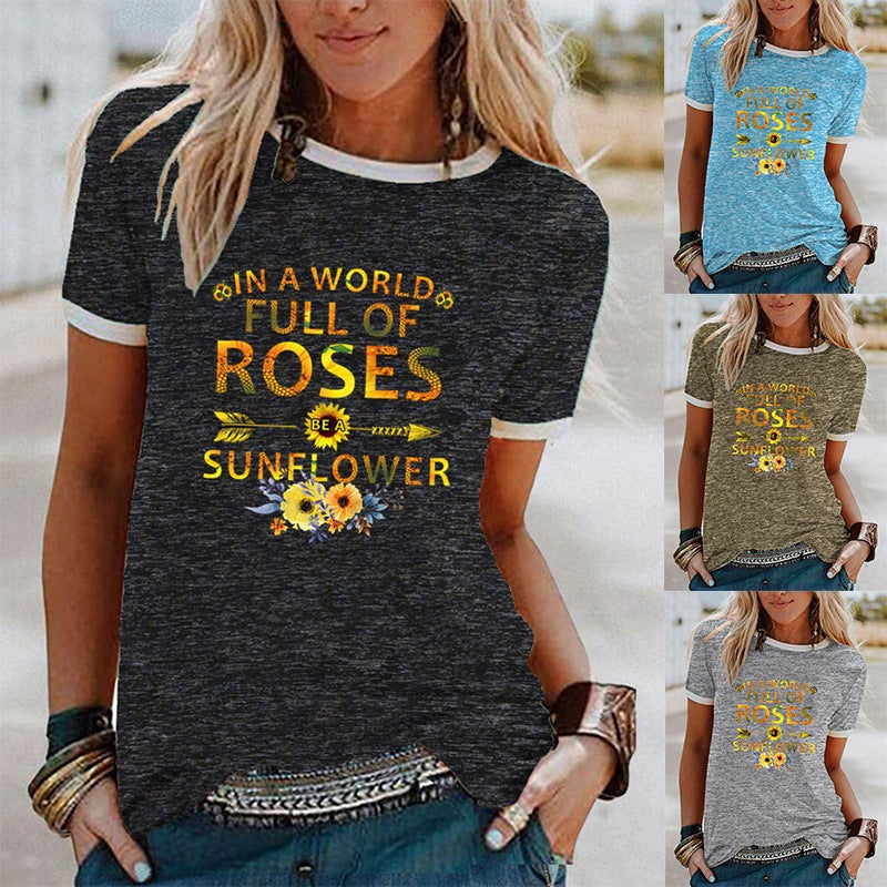 wish sunflower fun pattern printed short sleeve t-shirt for women - Image 2