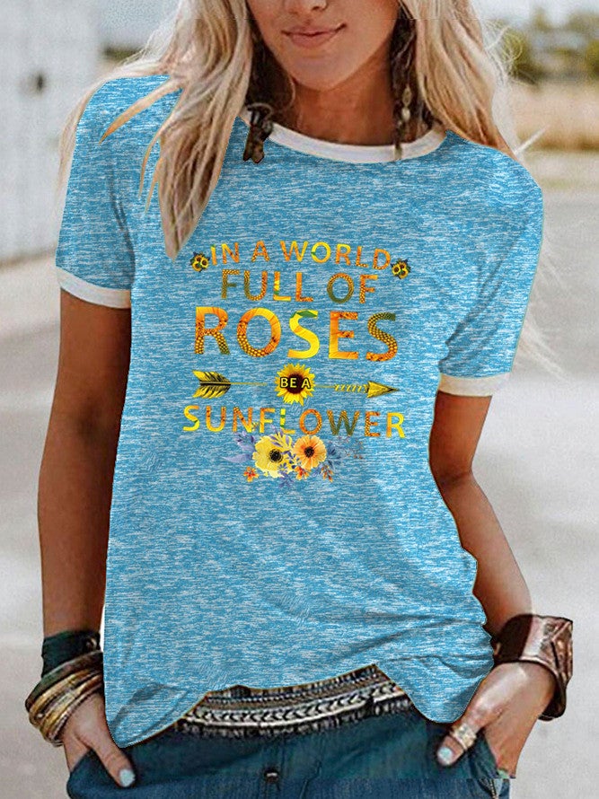 wish sunflower fun pattern printed short sleeve t-shirt for women - Image 1