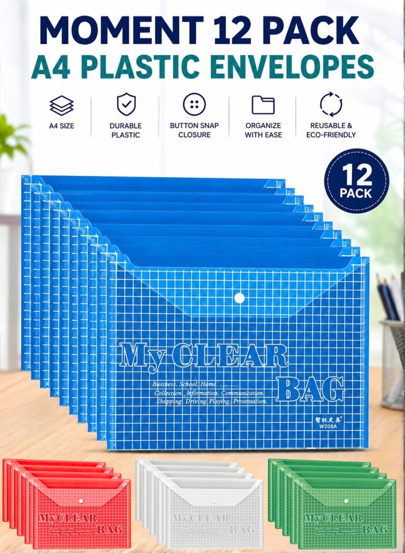 MOMENT 12 Pack Plastic File Folders For Documents, Clear Plastic Folders Plastic Envelopes For Documents, Reusable Clear File Folders Plastic File Bag Poly Filling Envelopes, A4 Size - Image 1