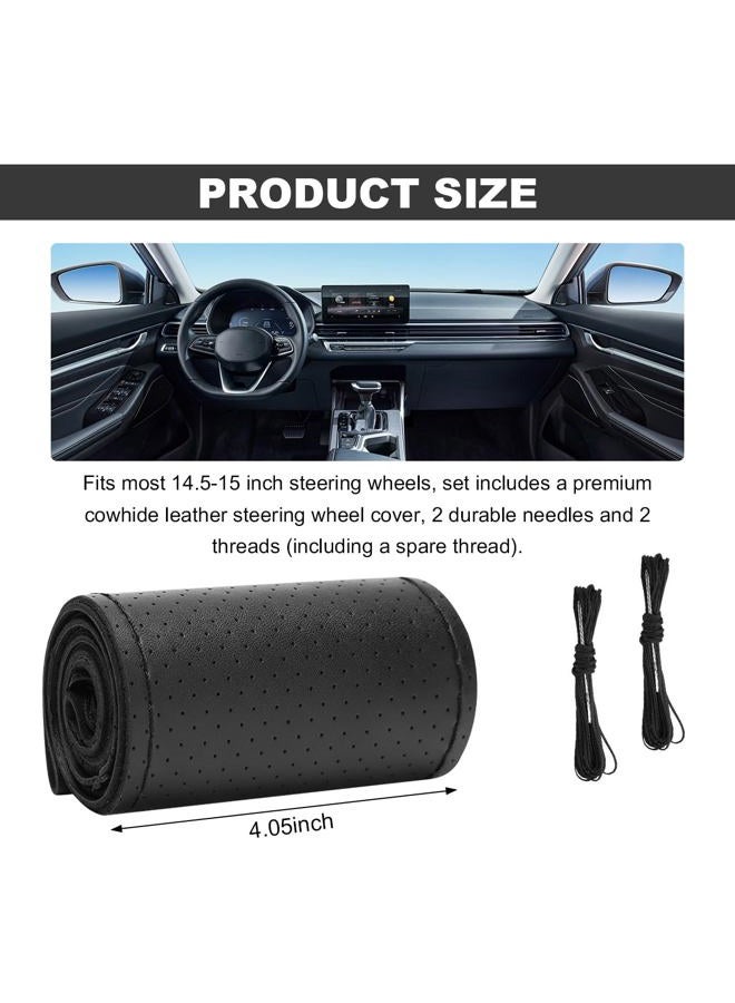 Wevdn Genuine Leather Steering Wheel Cover, Stitch on Wrap, DIY Sewing Steering Wheel Protector, 15 Inch Breathable Non-Slip Steering Wheel Protector, Car Accessories (Black, Full Hole) - Image 2