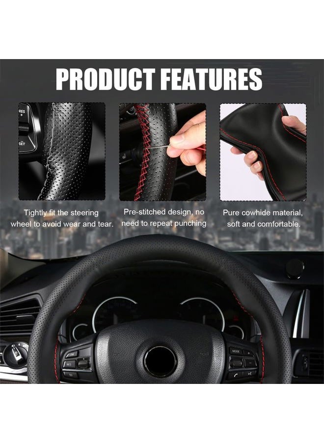 Wevdn Genuine Leather Steering Wheel Cover, Stitch on Wrap, DIY Sewing Steering Wheel Protector, 15 Inch Breathable Non-Slip Steering Wheel Protector, Car Accessories (Black, Full Hole) - Image 3