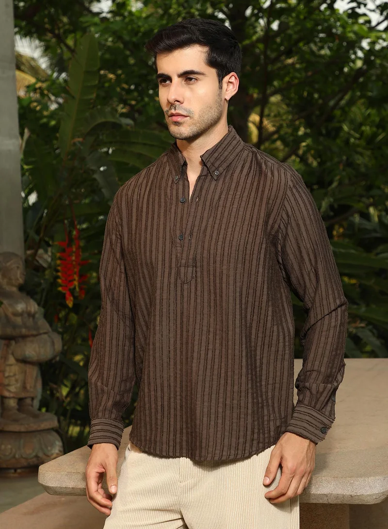 Campus Sutra Men's Mocha Brown Edge-Lined Half-Placket Shirt