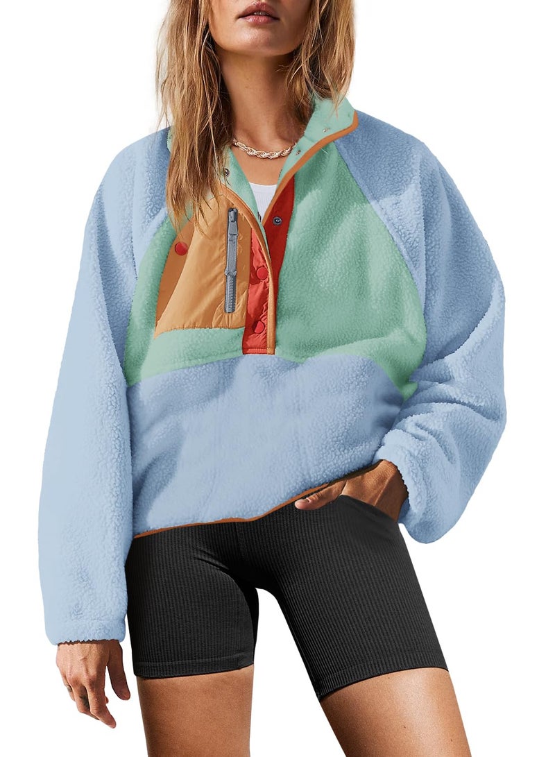 Yanekop Sherpa Jacket Women Fuzzy Pullover Sweaters Winter Fleece Sweatshirt Button Up Pullover Sherpa Outerwear(Light Blue Orange,L) - Image 1