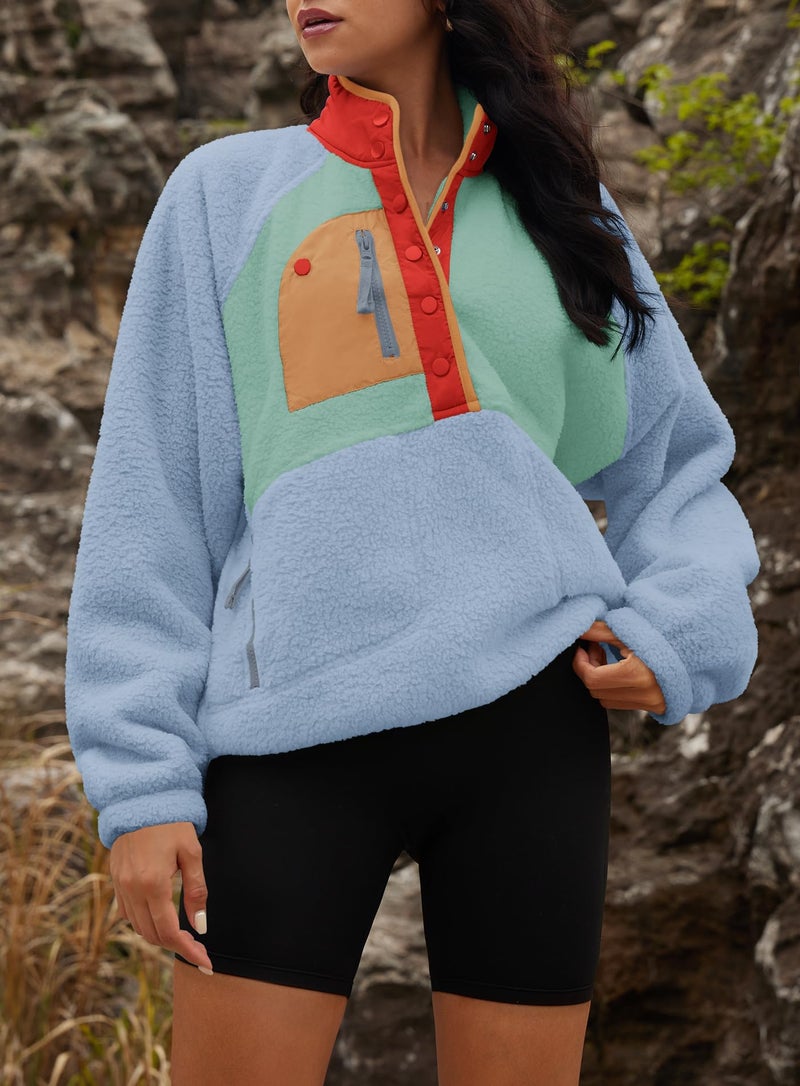 Yanekop Sherpa Jacket Women Fuzzy Pullover Sweaters Winter Fleece Sweatshirt Button Up Pullover Sherpa Outerwear(Light Blue Orange,L) - Image 3