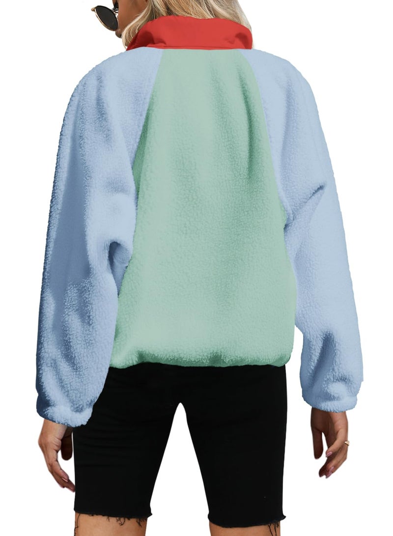 Yanekop Sherpa Jacket Women Fuzzy Pullover Sweaters Winter Fleece Sweatshirt Button Up Pullover Sherpa Outerwear(Light Blue Orange,L) - Image 2