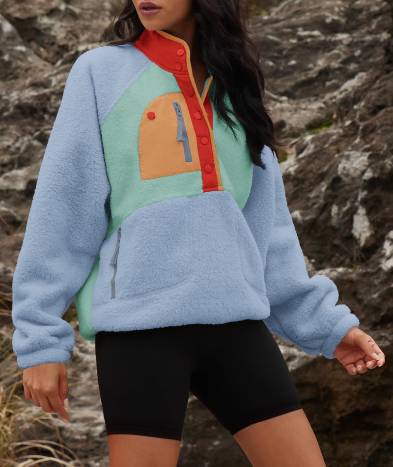 Yanekop Sherpa Jacket Women Fuzzy Pullover Sweaters Winter Fleece Sweatshirt Button Up Pullover Sherpa Outerwear(Light Blue Orange,L) - Image 4