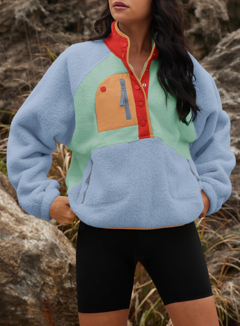 Yanekop Sherpa Jacket Women Fuzzy Pullover Sweaters Winter Fleece Sweatshirt Button Up Pullover Sherpa Outerwear(Light Blue Orange,L) - Image 5