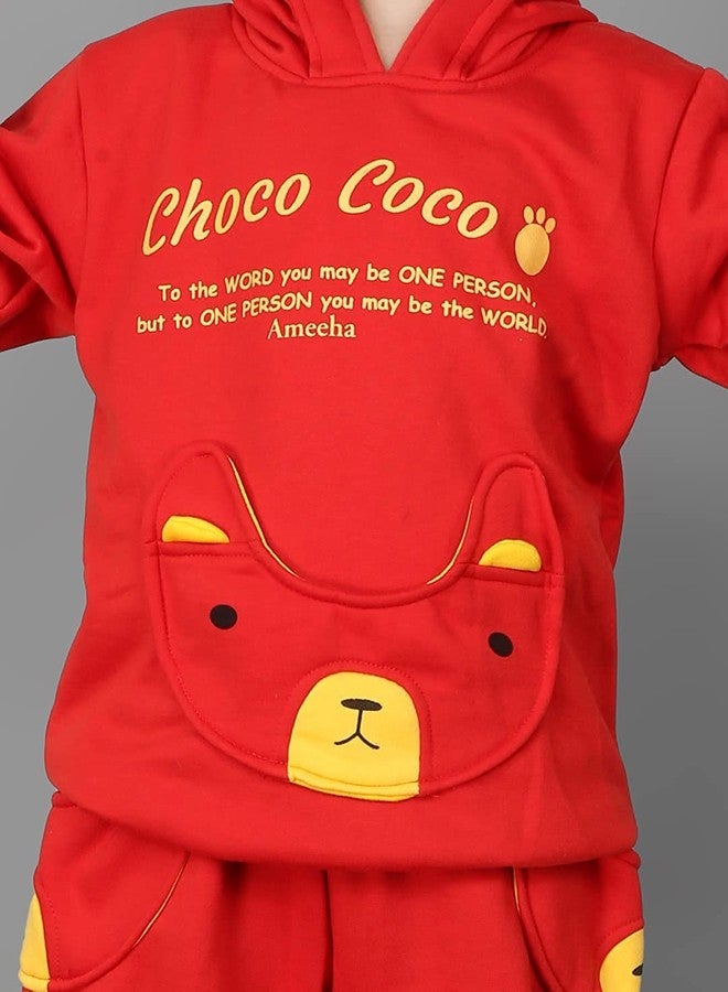 Ameeha Kids Choco coco Winter Hooded Sweatshirt Pant Set Full Sleeves Dress for Boys & Girls (4-5 Years, Red) - Image 3