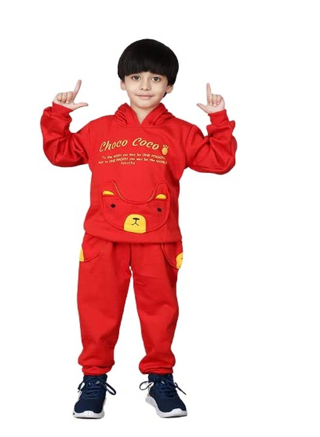 Ameeha Kids Choco coco Winter Hooded Sweatshirt Pant Set Full Sleeves Dress for Boys & Girls (4-5 Years, Red) - Image 1