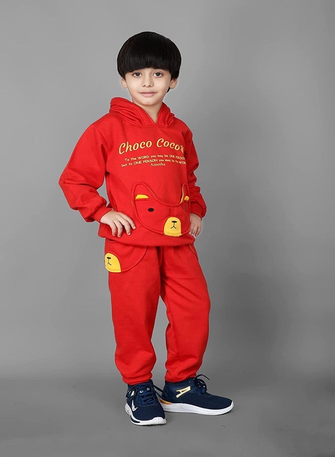 Ameeha Kids Choco coco Winter Hooded Sweatshirt Pant Set Full Sleeves Dress for Boys & Girls (4-5 Years, Red) - Image 4