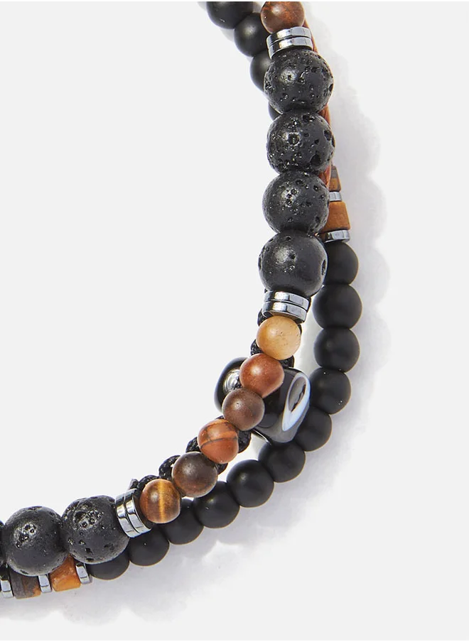 كريسوستوموس Handmade Multiline Adjustable Bracelet for Men with Natural Black Lava Stone & Brown Tiger’s Eye