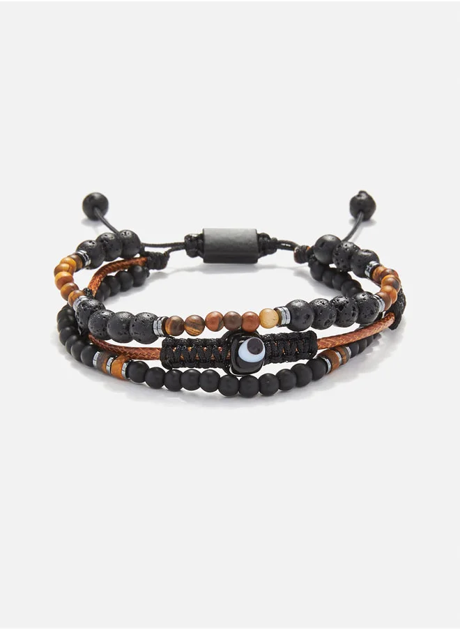 كريسوستوموس Handmade Multiline Adjustable Bracelet for Men with Natural Black Lava Stone & Brown Tiger’s Eye