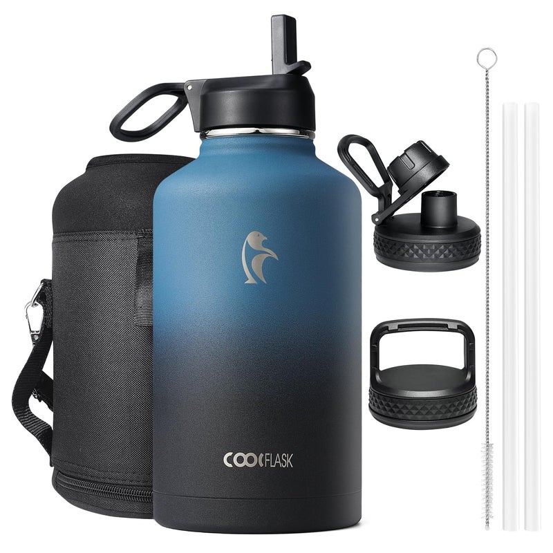 Coolflask Insulated Water Bottle 2L  3 Lids with Straw  Spout  Handle Leakproof Vacuum Stainless Steel Water Bottle for Sports Travel Gym 48H Cold  24H Hot BPA Free Navy Black Gradient