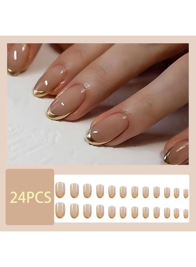 RESONIX 24PCS French Tip Press-On Nails – Short Oval Gold French Acrylic False Nails, Nude Glossy Full Cover, Reusable Glue-On Artificial Stick-On Nails for Women & Girls - Image 2