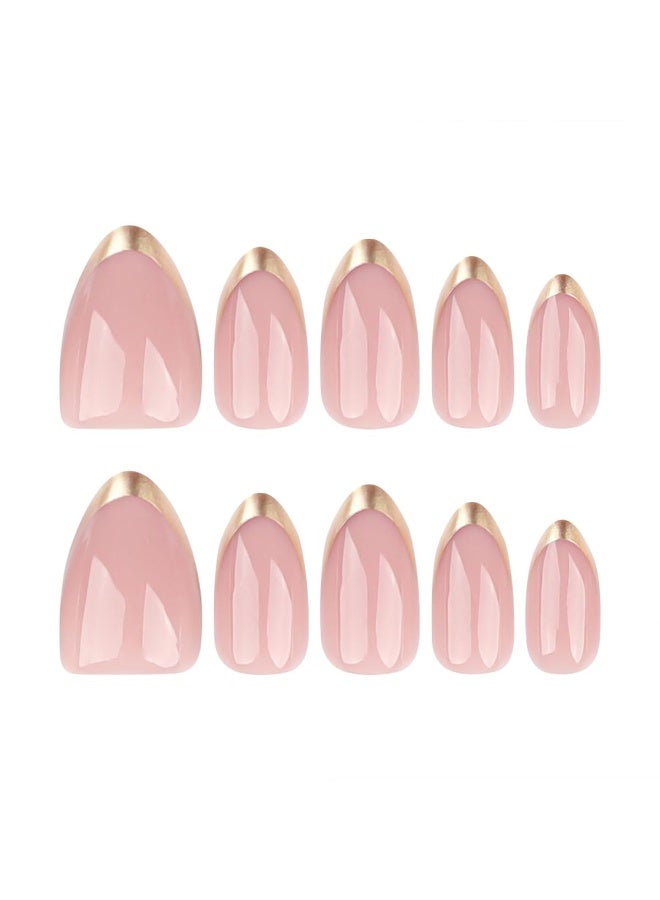 RESONIX 24PCS French Tip Press-On Nails – Short Oval Gold French Acrylic False Nails, Nude Glossy Full Cover, Reusable Glue-On Artificial Stick-On Nails for Women & Girls - Image 3