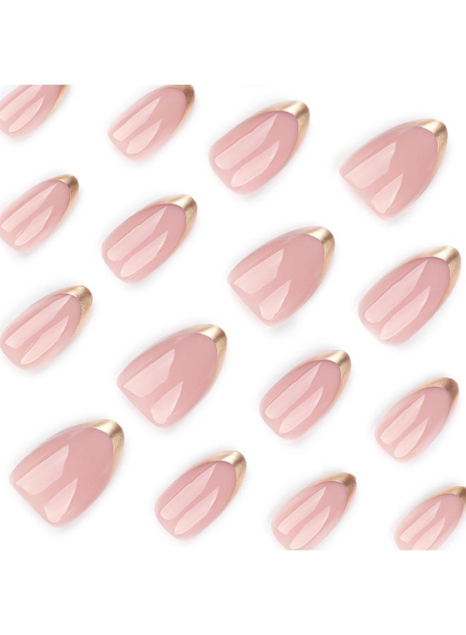 RESONIX 24PCS French Tip Press-On Nails – Short Oval Gold French Acrylic False Nails, Nude Glossy Full Cover, Reusable Glue-On Artificial Stick-On Nails for Women & Girls - Image 4