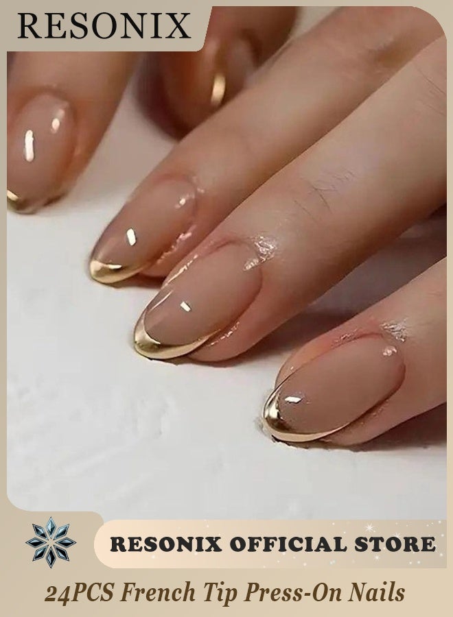 RESONIX 24PCS French Tip Press-On Nails – Short Oval Gold French Acrylic False Nails, Nude Glossy Full Cover, Reusable Glue-On Artificial Stick-On Nails for Women & Girls - Image 1