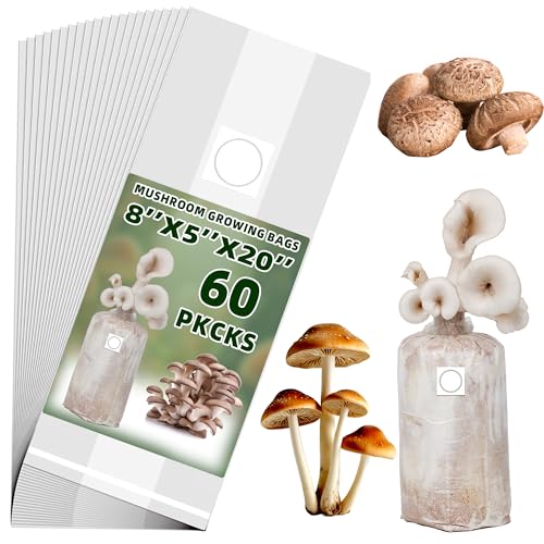 TonGass 60-Pack Large 8"x5"x20" Autoclavable Mushroom Grow Bags Bulk with Microporous Filter Patchs, Extra Thick 80 Micron (=3 Mil), Mushroom Cultivation Spawn Supply Myco Bag Bulk Substrate Bags - Image 1