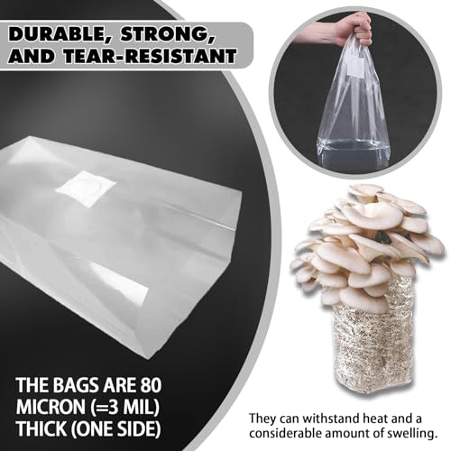 TonGass 60-Pack Large 8"x5"x20" Autoclavable Mushroom Grow Bags Bulk with Microporous Filter Patchs, Extra Thick 80 Micron (=3 Mil), Mushroom Cultivation Spawn Supply Myco Bag Bulk Substrate Bags - Image 3