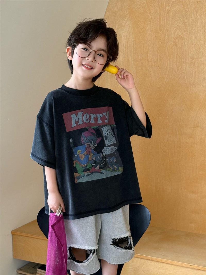 2025 Summer Children'S Wear Children'S Short-Sleeved Trendy Brand Merry Digital Fried Color Western Style Pure Cotton Short-Sleeved T-Shirt For Boys And Girls - Image 1