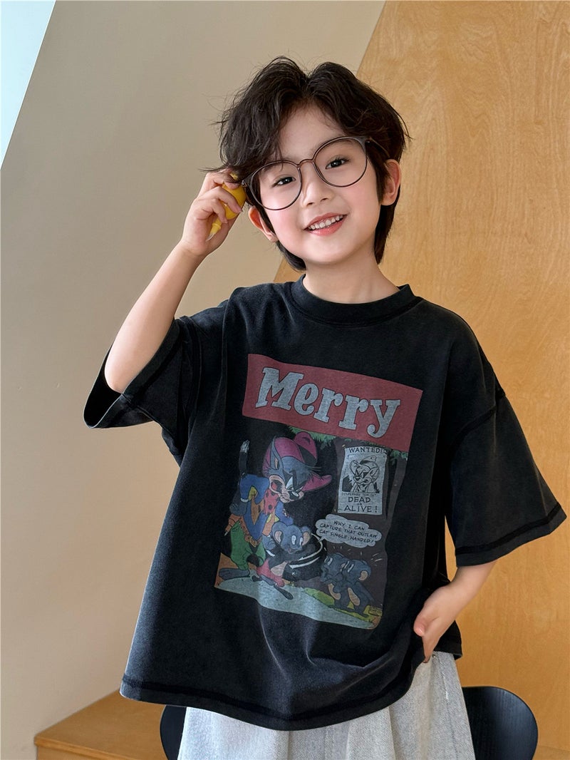 2025 Summer Children'S Wear Children'S Short-Sleeved Trendy Brand Merry Digital Fried Color Western Style Pure Cotton Short-Sleeved T-Shirt For Boys And Girls - Image 3